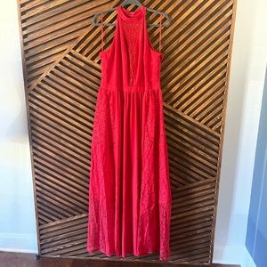 Red Cocktail Maxi Gown halter, Plunging V Neck Lace, Chiffon Size 12